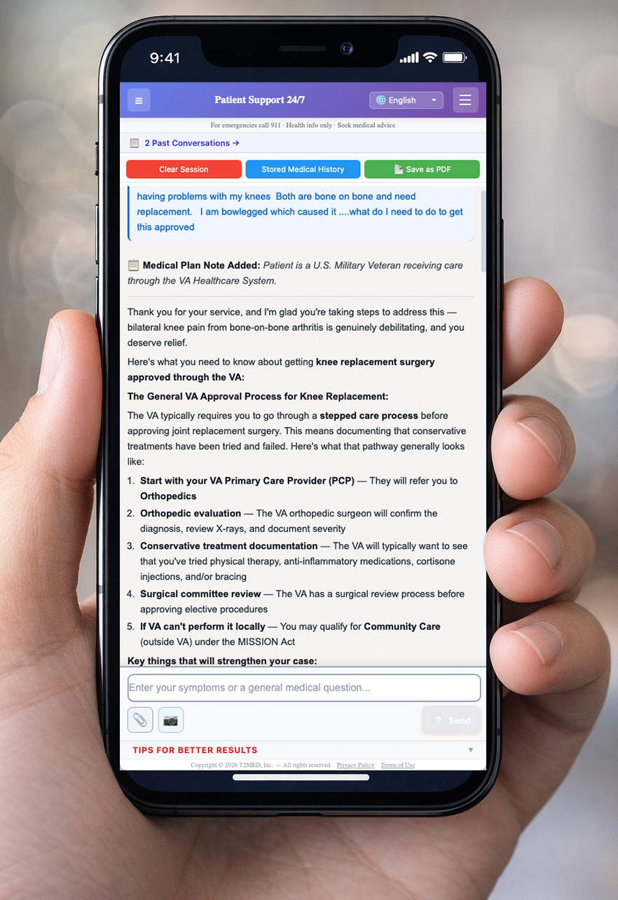 Patient Support 24/7 veteran medical AI conversation on mobile phone