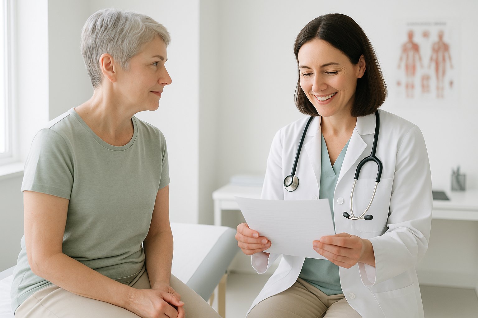 In the exam room, the doctor smiles as she reads the patient's printed visit summary while the patient watches her