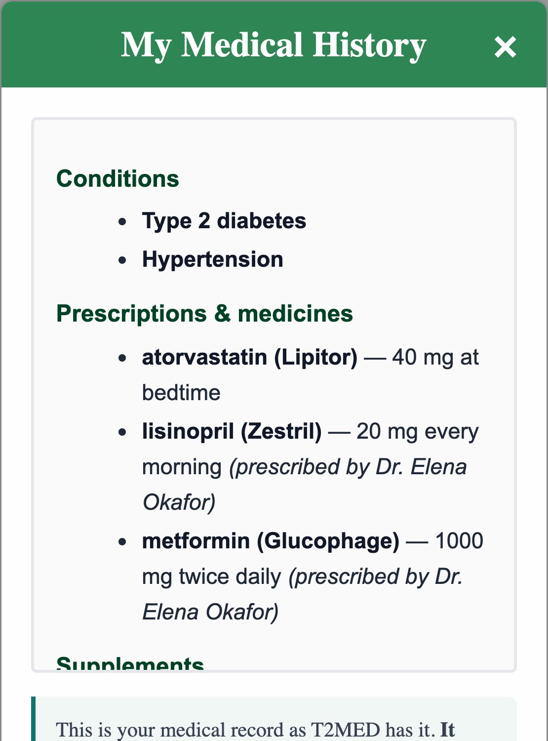A patient's medical record as T2MED keeps it: conditions, prescriptions and supplements
