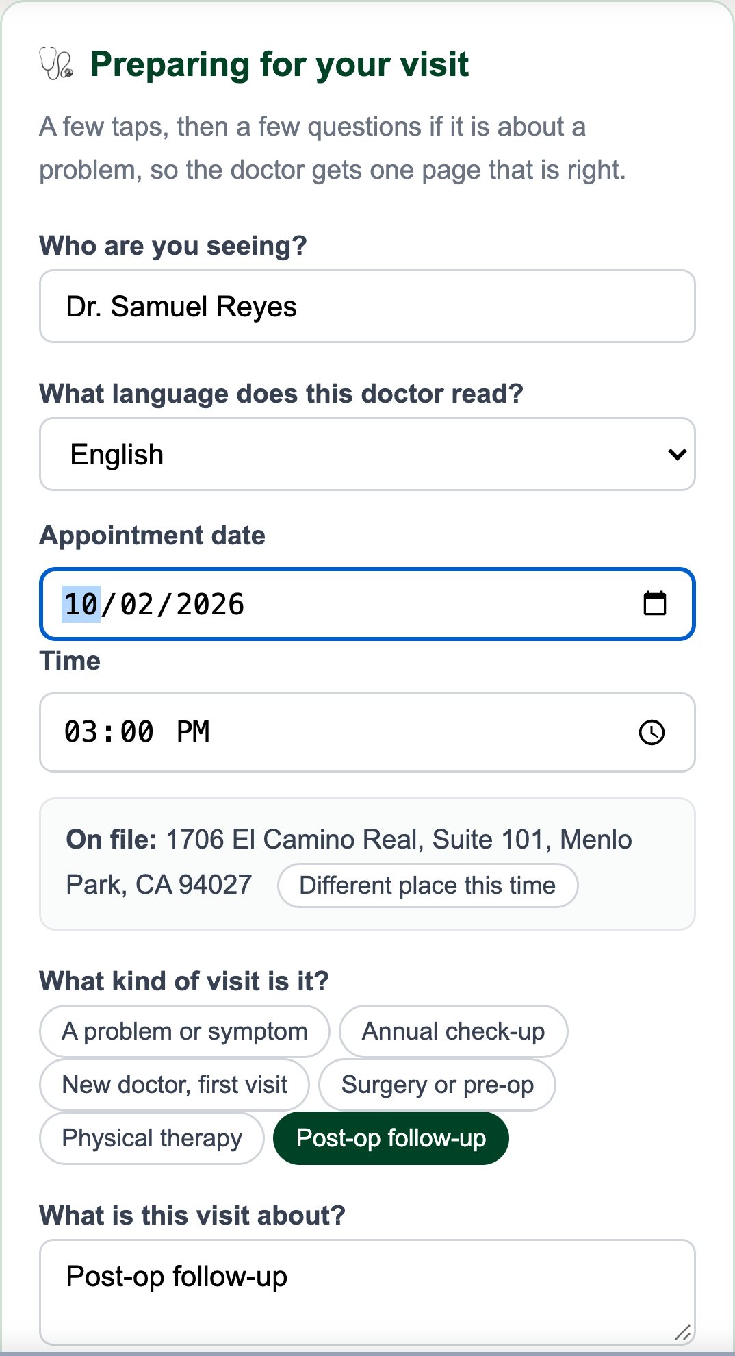 Preparing for a visit on a phone: who you are seeing, when, and what kind of visit